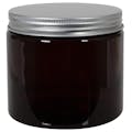 16 oz. Amber PET Straight-Sided Round Jar with 89/400 Brushed Silver Aluminum Cap with Foam Liner