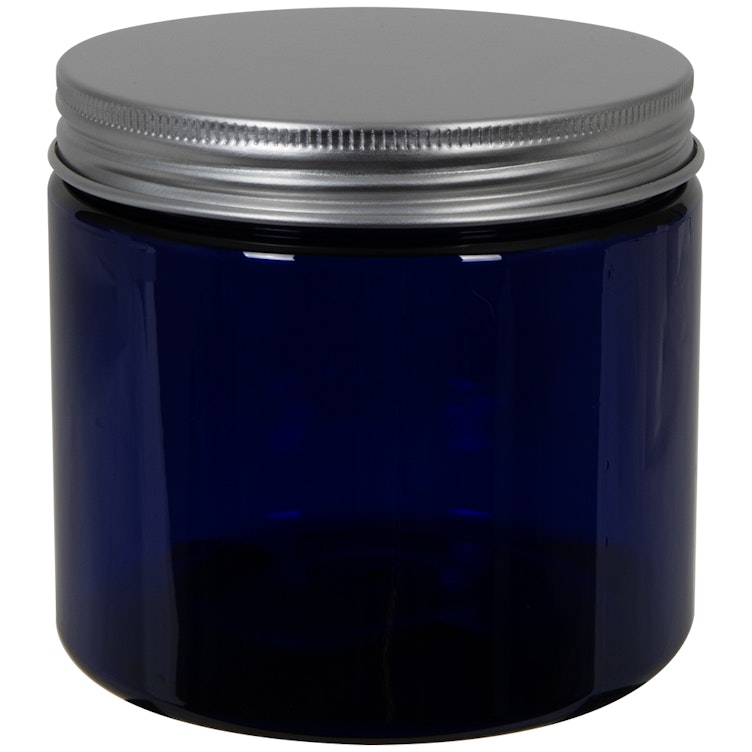 16 oz. Cobalt Blue PET Straight-Sided Round Jar with 89/400 Brushed Silver Aluminum Cap with Foam Liner