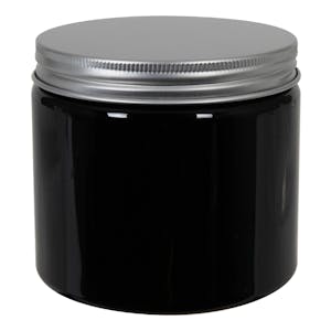 16 oz. Black PET Straight-Sided Round Jar with 89/400 Brushed Silver Aluminum Cap with Foam Liner
