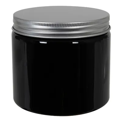 16 oz. Black PET Straight-Sided Round Jar with 89/400 Brushed Silver Aluminum Cap with Foam Liner
