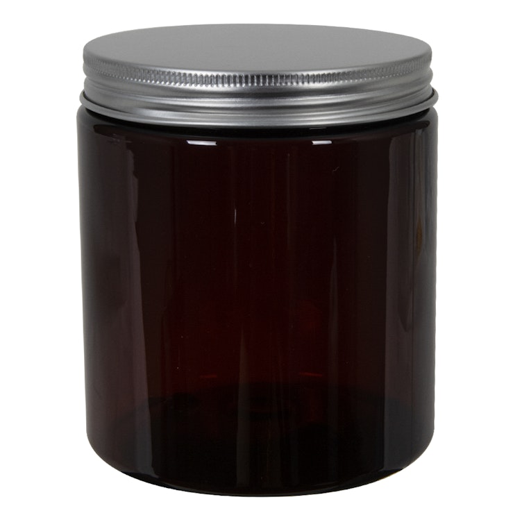 19 oz. Amber PET Straight-Sided Round Jar with 89/400 Brushed Silver Aluminum Cap with Foam Liner