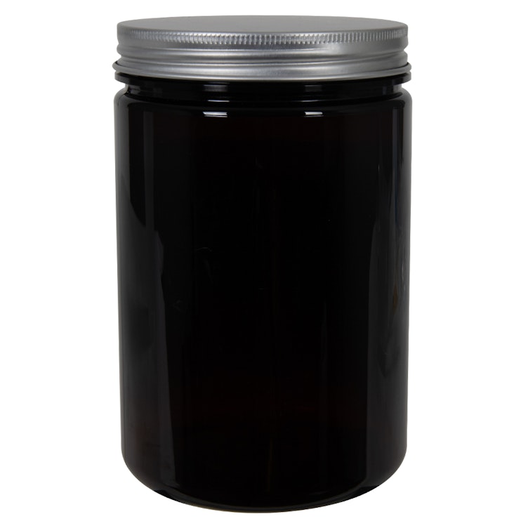 25 oz. Amber PET Straight-Sided Round Jar with 89/400 Brushed Silver Aluminum Cap with Foam Liner