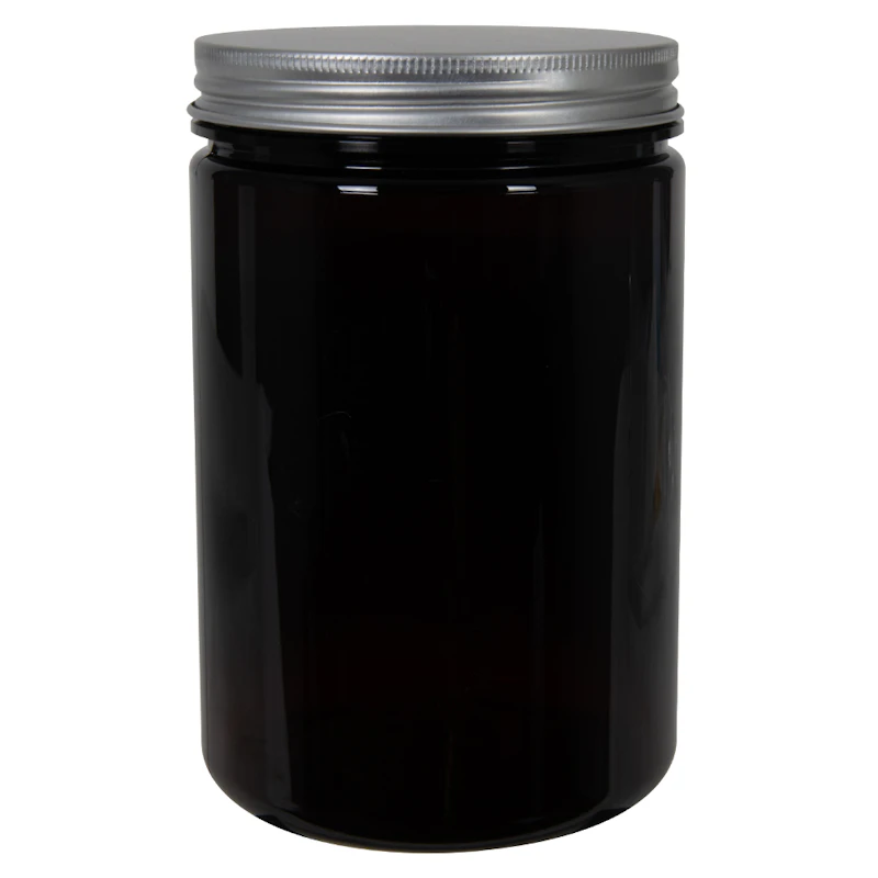 25 oz. Amber PET Straight-Sided Round Jar with 89/400 Brushed Silver Aluminum Cap with Foam Liner