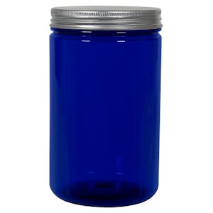 25 oz. Cobalt Blue PET Straight-Sided Round Jar with 89/400 Brushed Silver Aluminum Cap with Foam Liner