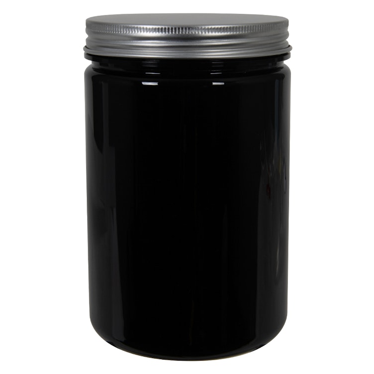 25 oz. Black PET Straight-Sided Round Jar with 89/400 Brushed Silver Aluminum Cap with Foam Liner
