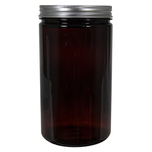 32 oz. Amber PET Straight-Sided Round Jar with 89/400 Brushed Silver Aluminum Cap with Foam Liner