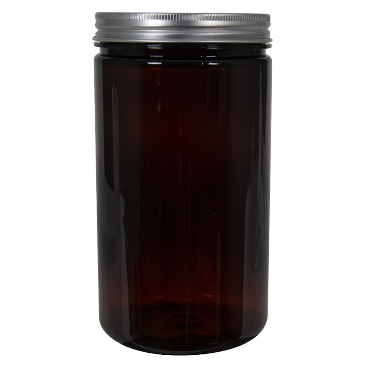 32 oz. Amber PET Straight-Sided Round Jar with 89/400 Brushed Silver Aluminum Cap with Foam Liner