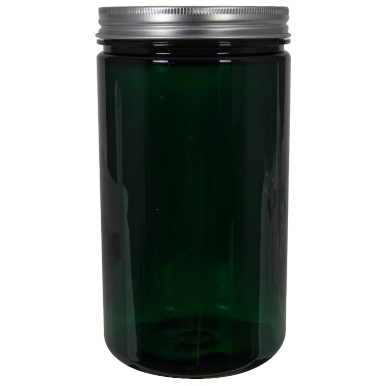 32 oz. Dark Green PET Straight-Sided Round Jar with 89/400 Brushed Silver Aluminum Cap with Foam Liner
