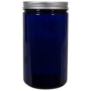 32 oz. Cobalt Blue PET Straight-Sided Round Jar with 89/400 Brushed Silver Aluminum Cap with Foam Liner