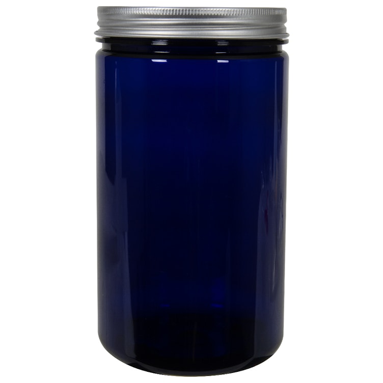 32 oz. Cobalt Blue PET Straight-Sided Round Jar with 89/400 Brushed Silver Aluminum Cap with Foam Liner