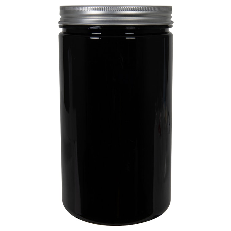 32 oz. Black PET Straight-Sided Round Jar with 89/400 Brushed Silver Aluminum Cap with Foam Liner