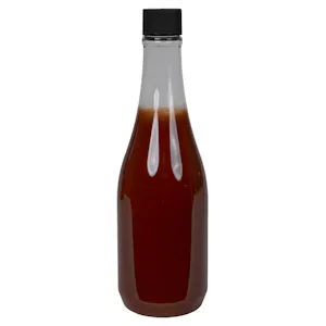 12 oz. Clear PET Round Keuka Bottle with 24/410 Black Ribbed Unlined Cap