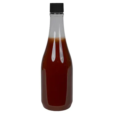 12 oz. Clear PET Round Keuka Bottle with 24/410 Black Ribbed Cap with F217 Liner