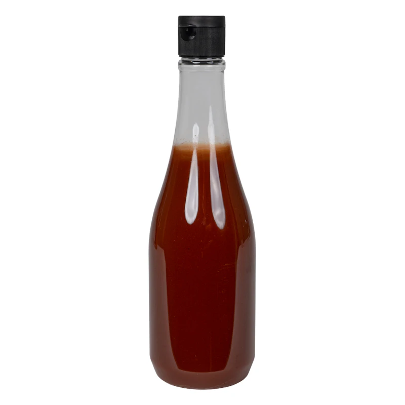 12 oz. Clear PET Round Keuka Bottle with 24/410 Black Ribbed Snap-Top Dispensing Cap