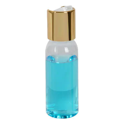 1 oz. Clear PET High Clarity Cosmo Round Bottle with 20/410 Gold & White ABS/Polypropylene Disc-Top Dispensing Cap