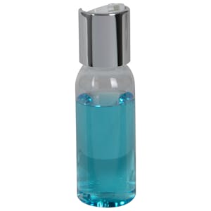 1 oz. Clear PET High Clarity Cosmo Round Bottle with 20/410 Silver & White ABS/Polypropylene Disc-Top Dispensing Cap