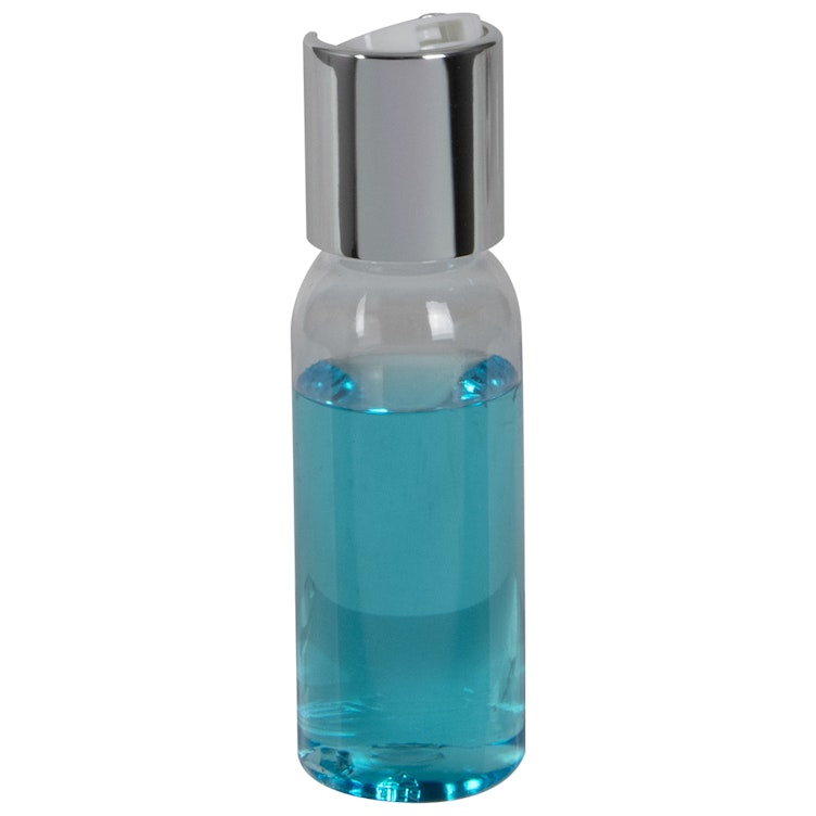 1 oz. Clear PET High Clarity Cosmo Round Bottle with 20/410 Silver & White ABS/Polypropylene Disc-Top Dispensing Cap