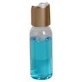 1 oz. Clear PET High Clarity Cosmo Round Bottle with 20/410 Brushed Gold & White ABS/Polypropylene Disc-Top Dispensing Cap