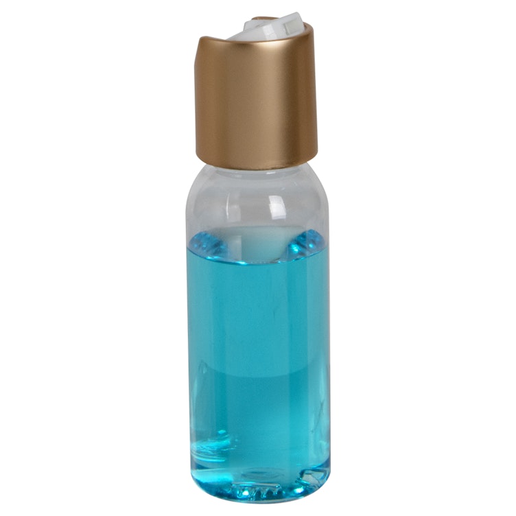 1 oz. Clear PET High Clarity Cosmo Round Bottle with 20/410 Brushed Gold & White ABS/Polypropylene Disc-Top Dispensing Cap