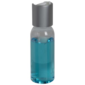 1 oz. Clear PET High Clarity Cosmo Round Bottle with 20/410 Brushed Silver & White ABS/Polypropylene Disc-Top Dispensing Cap