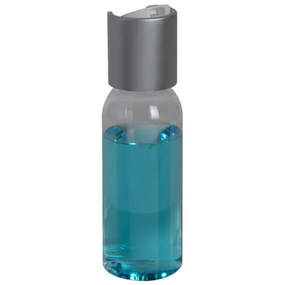 1 oz. Clear PET High Clarity Cosmo Round Bottle with 20/410 Brushed Silver & White ABS/Polypropylene Disc-Top Dispensing Cap