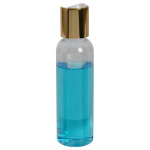 2 oz. Clear PET High Clarity Cosmo Round Bottle with 20/410 Gold & White ABS/Polypropylene Disc-Top Dispensing Cap