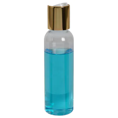 2 oz. Clear PET High Clarity Cosmo Round Bottle with 20/410 Gold & White ABS/Polypropylene Disc-Top Dispensing Cap