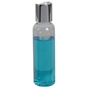 2 oz. Clear PET High Clarity Cosmo Round Bottle with 20/410 Silver & White ABS/Polypropylene Disc-Top Dispensing Cap