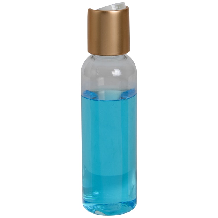 2 oz. Clear PET High Clarity Cosmo Round Bottle with 20/410 Brushed Gold & White ABS/Polypropylene Disc-Top Dispensing Cap