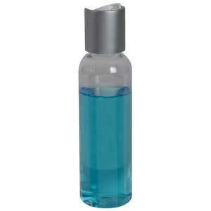 2 oz. Clear PET High Clarity Cosmo Round Bottle with 20/410 Brushed Silver & White ABS/Polypropylene Disc-Top Dispensing Cap