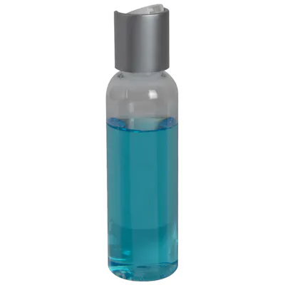2 oz. Clear PET High Clarity Cosmo Round Bottle with 20/410 Brushed Silver & White ABS/Polypropylene Disc-Top Dispensing Cap