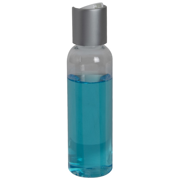 2 oz. Clear PET High Clarity Cosmo Round Bottle with 20/410 Brushed Silver & White ABS/Polypropylene Disc-Top Dispensing Cap