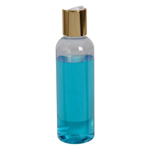 3 oz. Clear PET High Clarity Cosmo Round Bottle with 20/410 Gold & White ABS/Polypropylene Disc-Top Dispensing Cap
