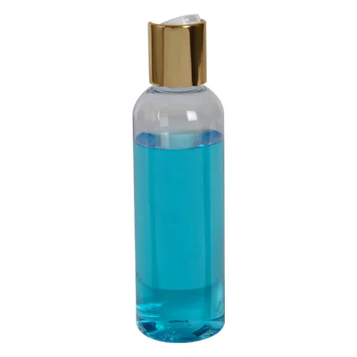 3 oz. Clear PET High Clarity Cosmo Round Bottle with 20/410 Gold & White ABS/Polypropylene Disc-Top Dispensing Cap