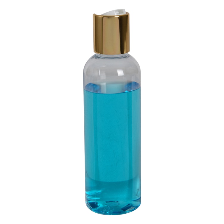 3 oz. Clear PET High Clarity Cosmo Round Bottle with 20/410 Gold & White ABS/Polypropylene Disc-Top Dispensing Cap