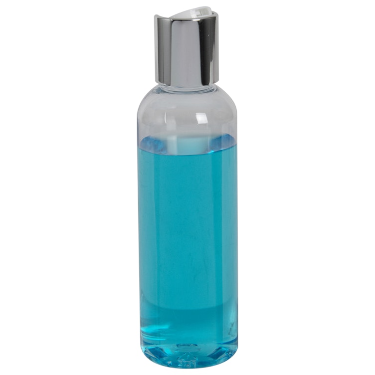 3 oz. Clear PET High Clarity Cosmo Round Bottle with 20/410 Silver & White ABS/Polypropylene Disc-Top Dispensing Cap
