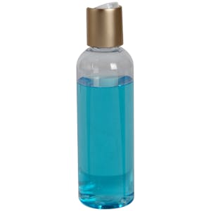 3 oz. Clear PET High Clarity Cosmo Round Bottle with 20/410 Brushed Gold & White ABS/Polypropylene Disc-Top Dispensing Cap