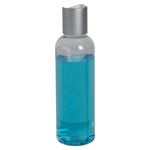 3 oz. Clear PET High Clarity Cosmo Round Bottle with 20/410 Brushed Silver & White ABS/Polypropylene Disc-Top Dispensing Cap