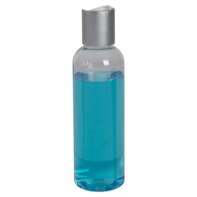 3 oz. Clear PET High Clarity Cosmo Round Bottle with 20/410 Brushed Silver & White ABS/Polypropylene Disc-Top Dispensing Cap