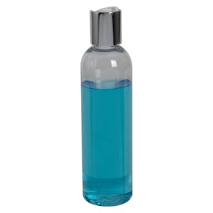 4 oz. Clear PET High Clarity Cosmo Round Bottle with 20/410 Silver & White ABS/Polypropylene Disc-Top Dispensing Cap