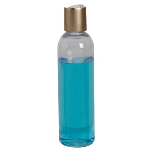 4 oz. Clear PET High Clarity Cosmo Round Bottle with 20/410 Brushed Gold & White ABS/Polypropylene Disc-Top Dispensing Cap
