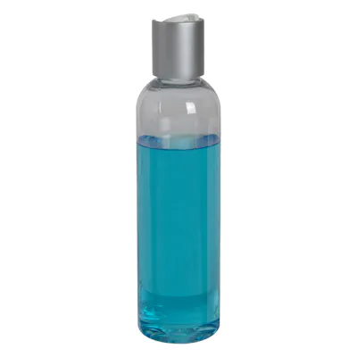 4 oz. Clear PET High Clarity Cosmo Round Bottle with 20/410 Brushed Silver & White ABS/Polypropylene Disc-Top Dispensing Cap