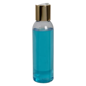4 oz. Clear PET High Clarity Cosmo Round Bottle with 24/410 Gold & White ABS/Polypropylene Disc-Top Dispensing Cap