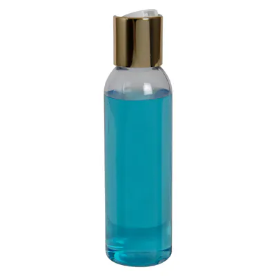 4 oz. Clear PET High Clarity Cosmo Round Bottle with 24/410 Gold & White ABS/Polypropylene Disc-Top Dispensing Cap