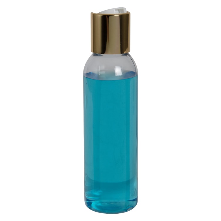 4 oz. Clear PET High Clarity Cosmo Round Bottle with 24/410 Gold & White ABS/Polypropylene Disc-Top Dispensing Cap