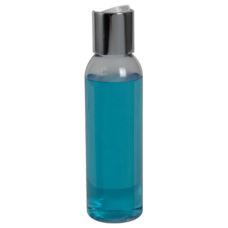 4 oz. Clear PET High Clarity Cosmo Round Bottle with 24/410 Silver & White ABS/Polypropylene Disc-Top Dispensing Cap