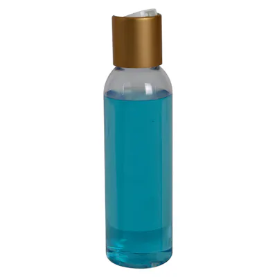 4 oz. Clear PET High Clarity Cosmo Round Bottle with 24/410 Brushed Gold & White ABS/Polypropylene Disc-Top Dispensing Cap