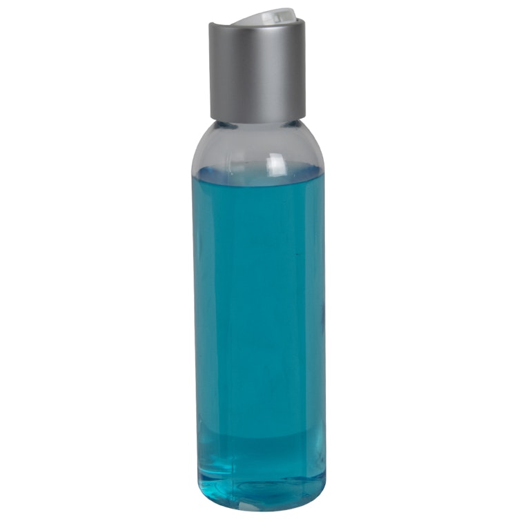 4 oz. Clear PET High Clarity Cosmo Round Bottle with 24/410 Brushed Silver & White ABS/Polypropylene Disc-Top Dispensing Cap