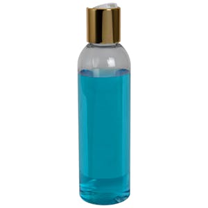 6 oz. Clear PET High Clarity Cosmo Round Bottle with 24/410 Gold & White ABS/Polypropylene Disc-Top Dispensing Cap
