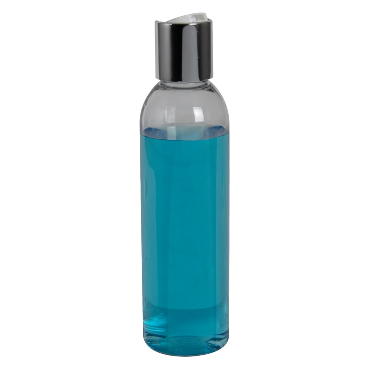 6 oz. Clear PET High Clarity Cosmo Round Bottle with 24/410 Silver & White ABS/Polypropylene Disc-Top Dispensing Cap
